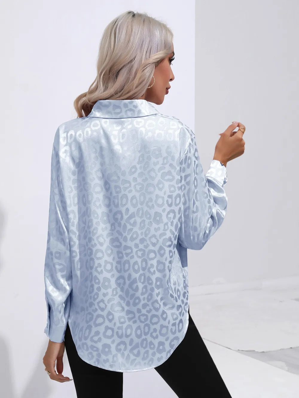 Leopard Collared Neck Long Sleeve Shirt
