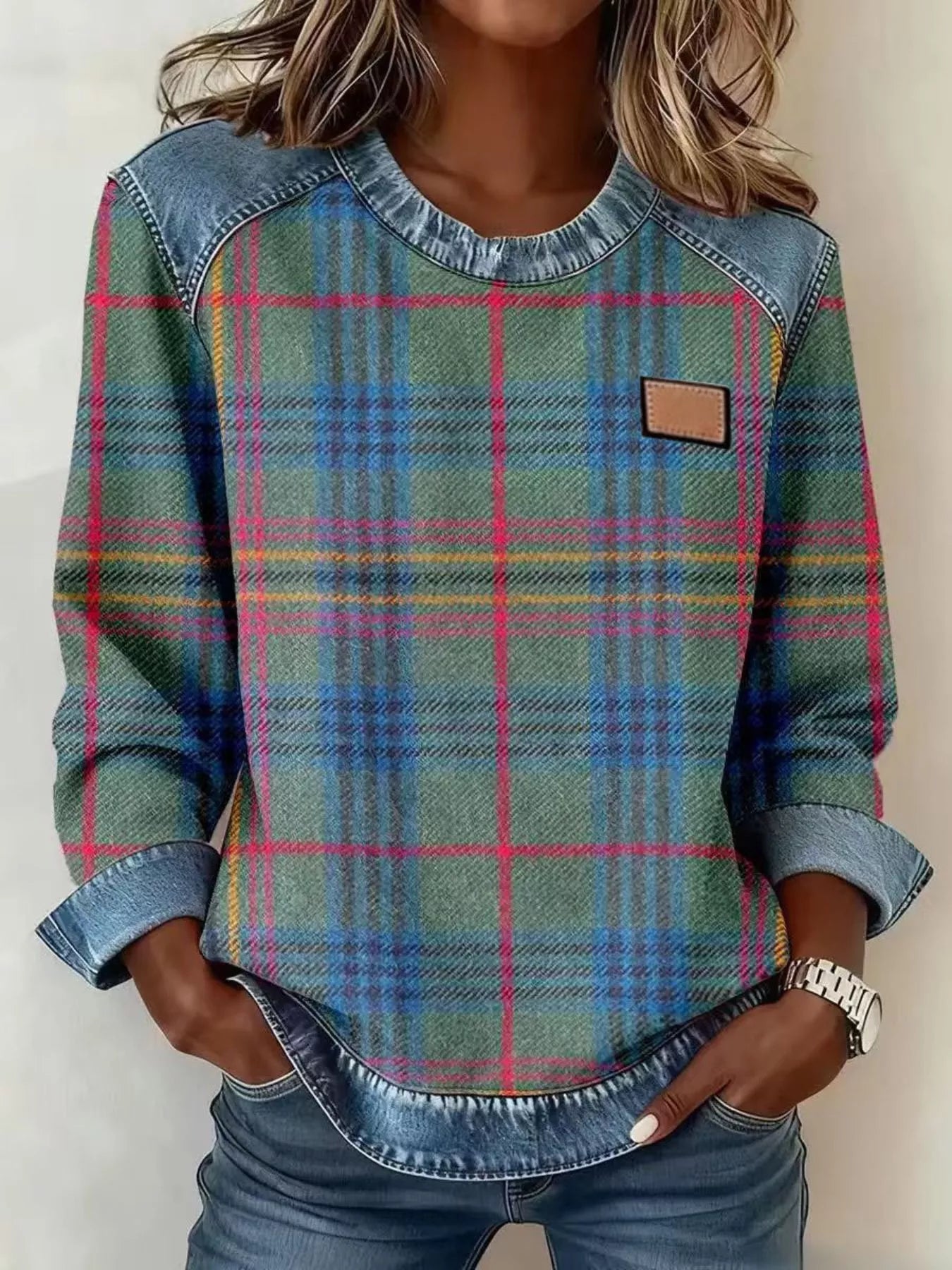 Full Size Plaid Denim Trim Long Sleeve Sweatshirt Plus Size