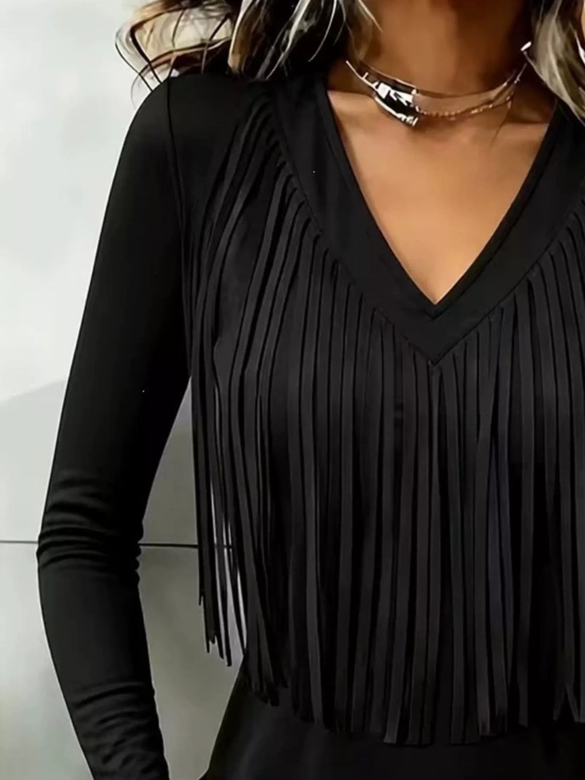 Fringe V-Neck Long Sleeve T-Shirt