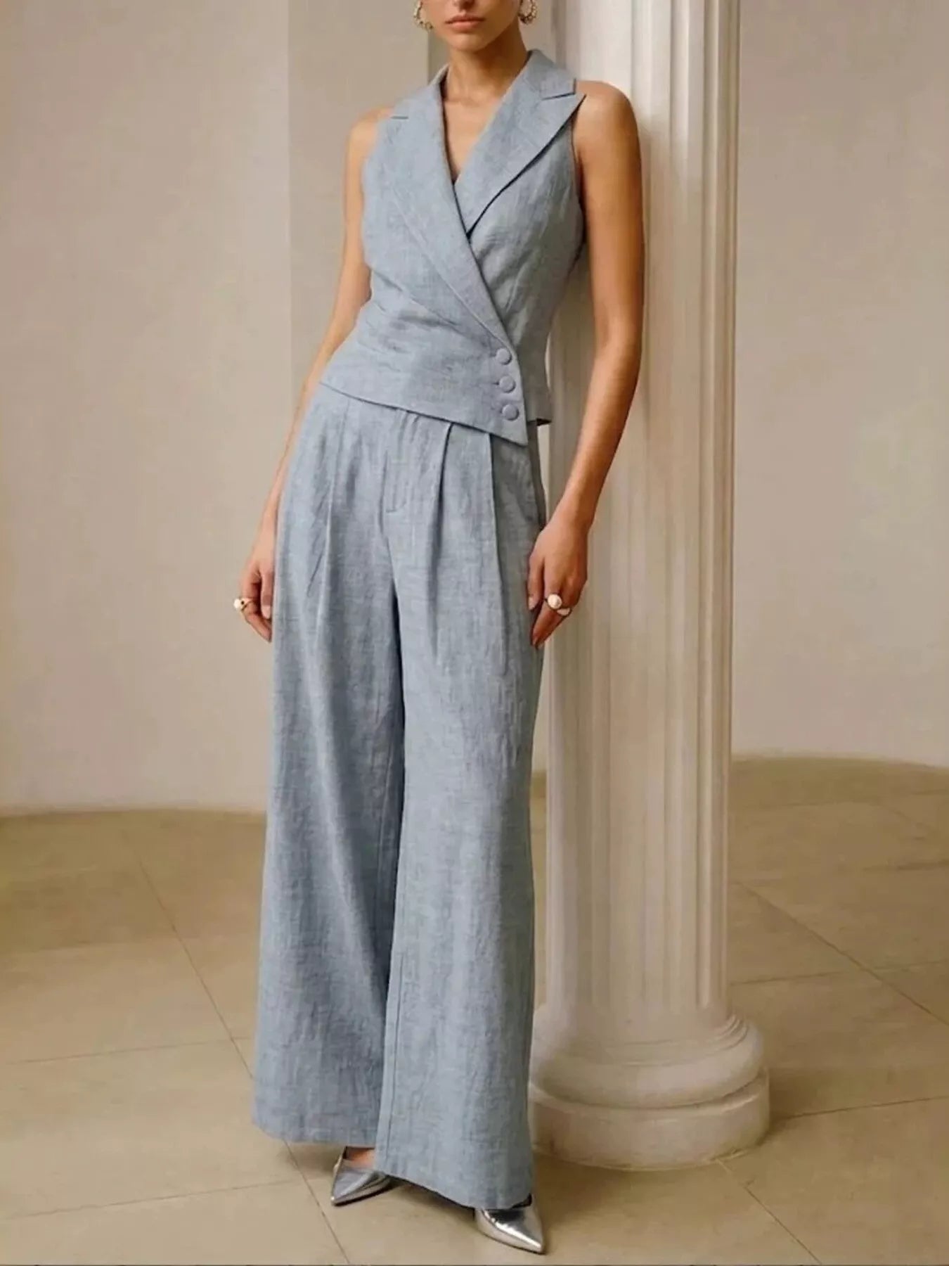 Full Size Sleeveless Blazer and Wide-Leg Pants Set Plus Size