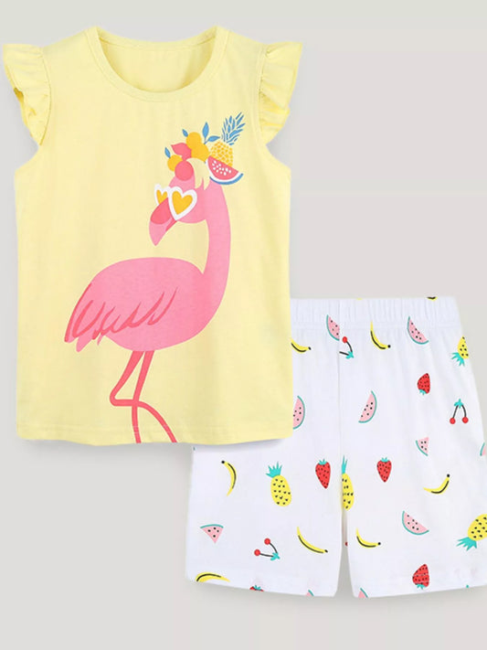 Children's Ruffled Flamingo Top and Fruit Print Shorts Set