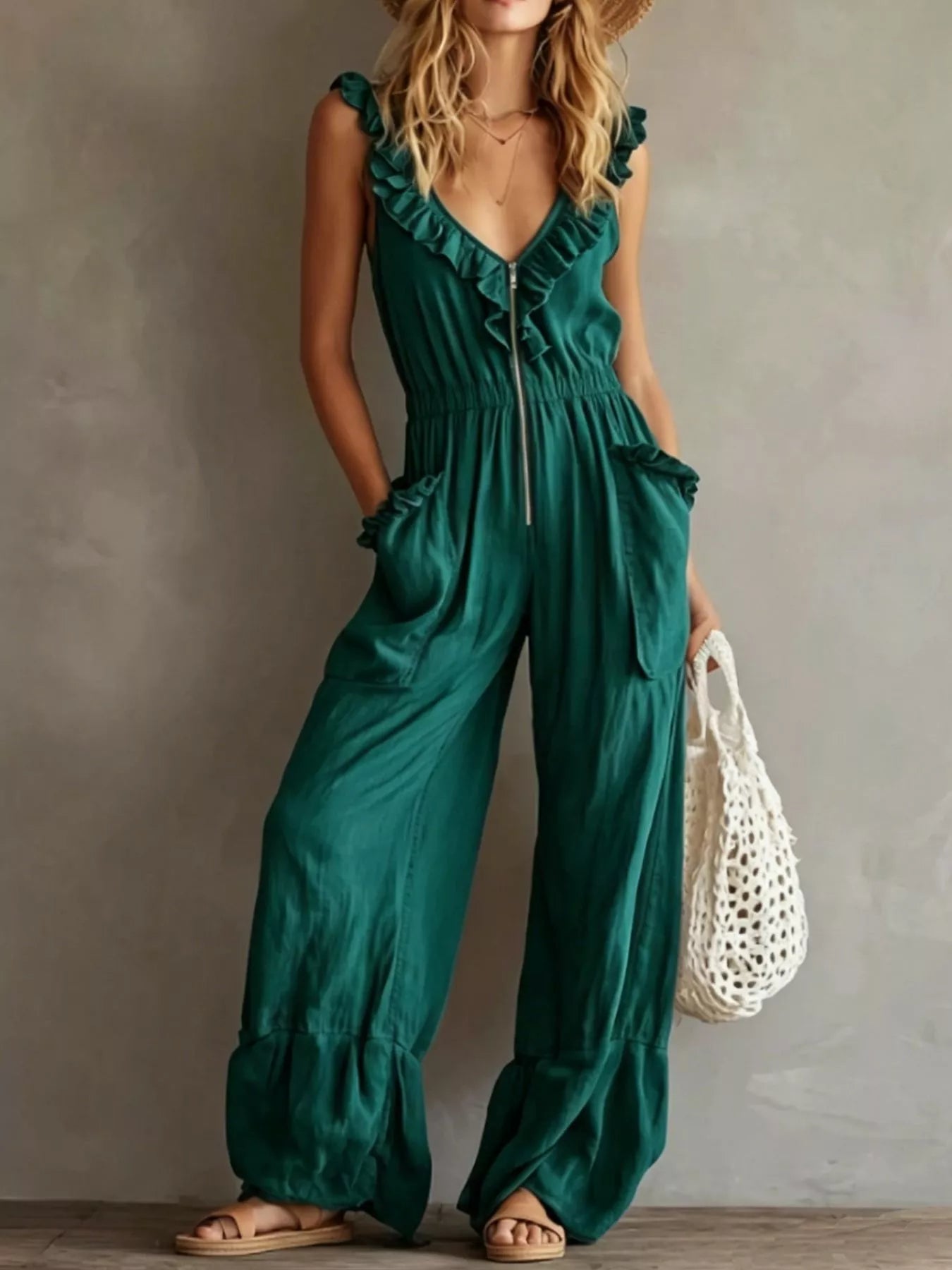 Ruffled V-Neck Wide Leg Jumpsuit
