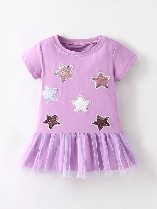 Children's Star Round Neck Tulle Hem Dress