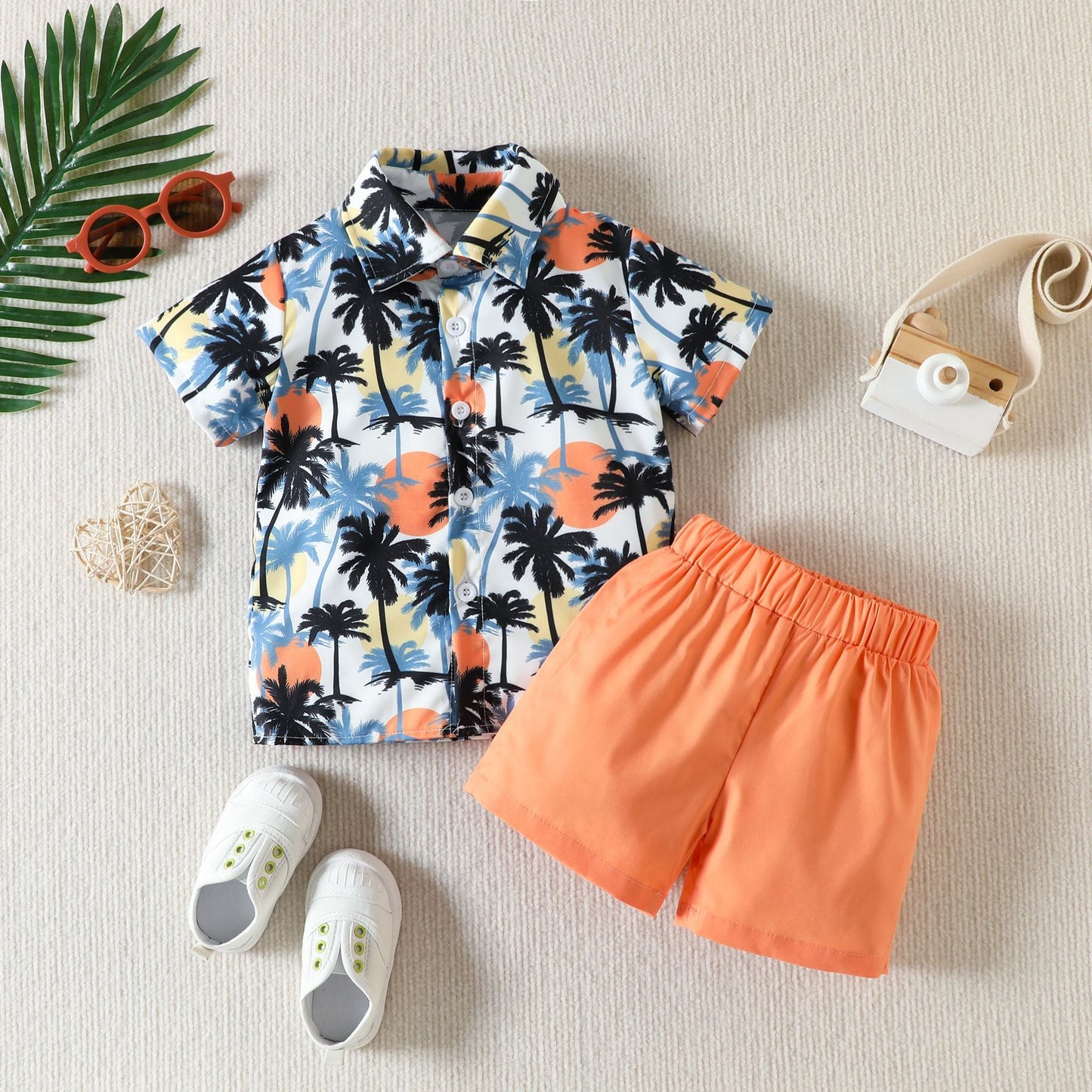 Children's Tropical Print Button-Up Shirt & Shorts Set