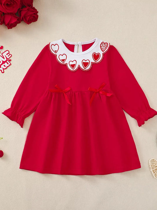 Children's Heart Embroidered Peter Pan Collar Long Sleeve Dress