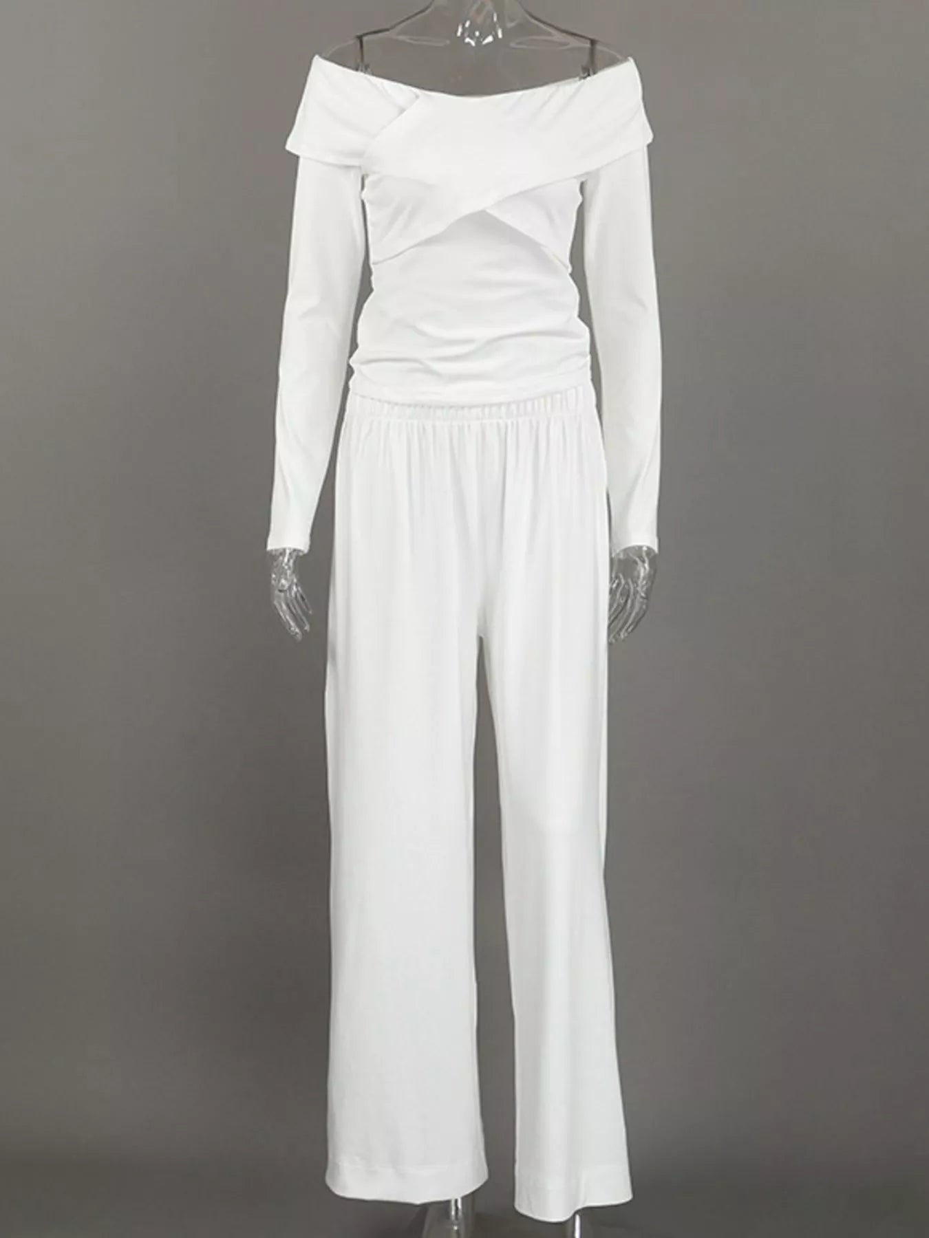 Off-Shoulder Long Sleeve Top and Wide-Leg Pants Set