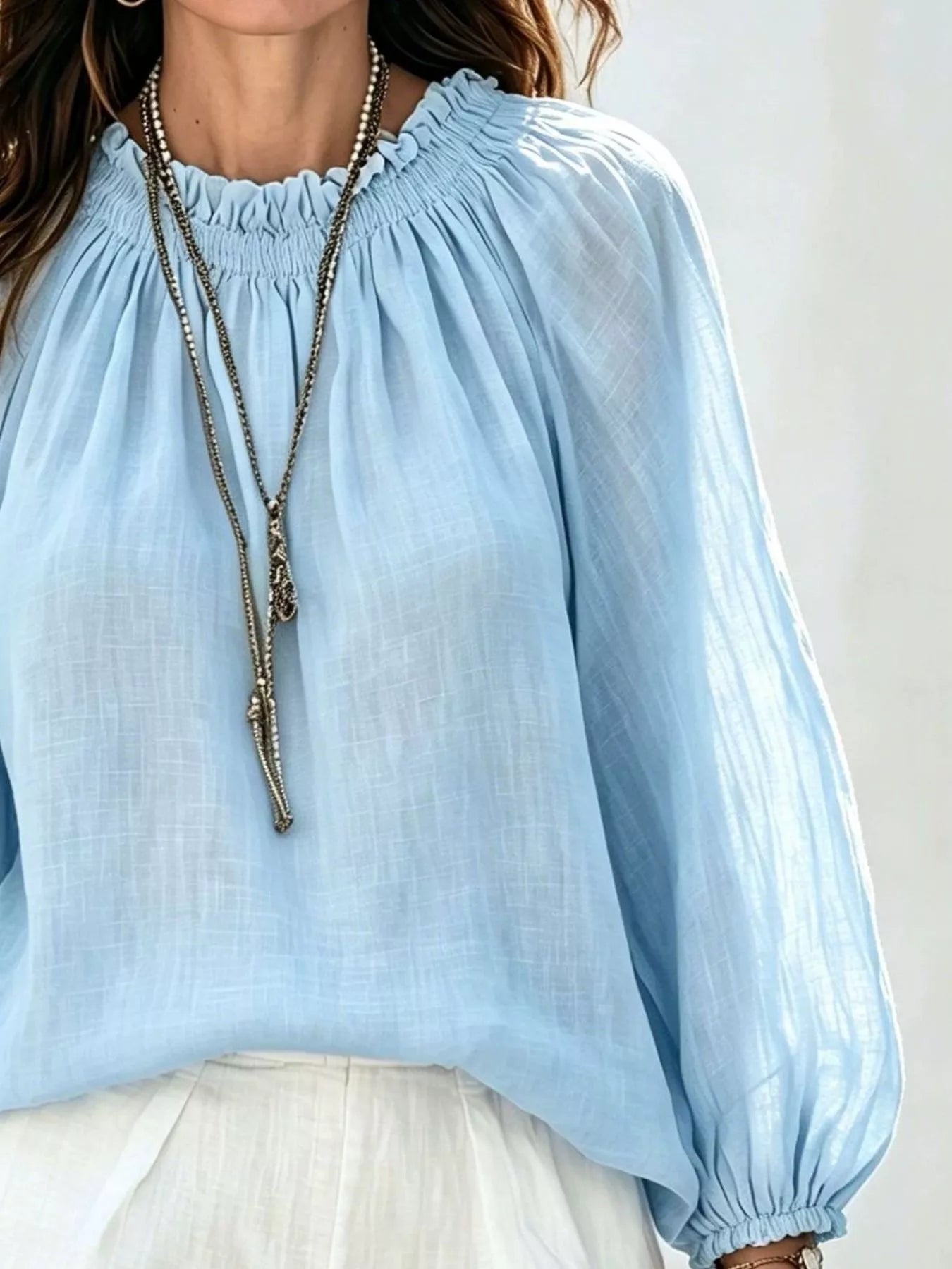 Round Neck Balloon Sleeve Blouse