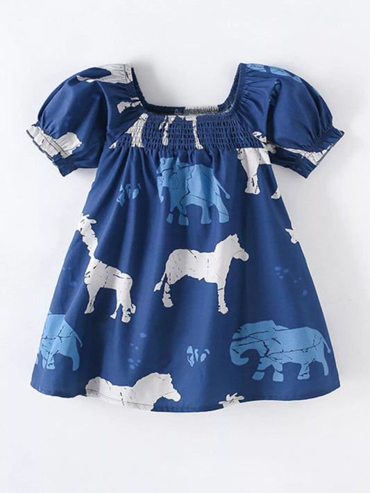 Children's Animal Print Puff Sleeve Smocked Dress