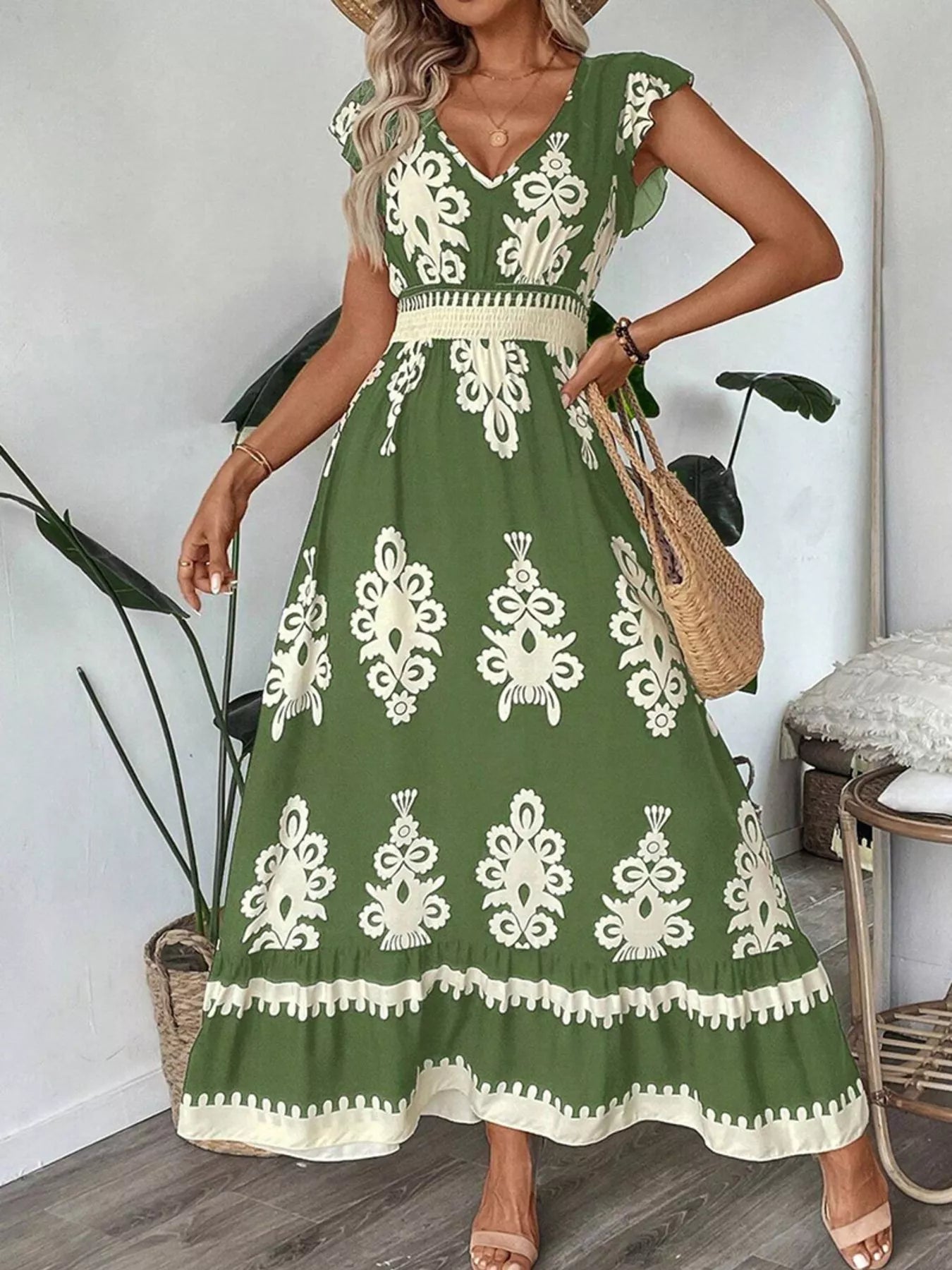 Ruffled Printed V-Neck Maxi Dress