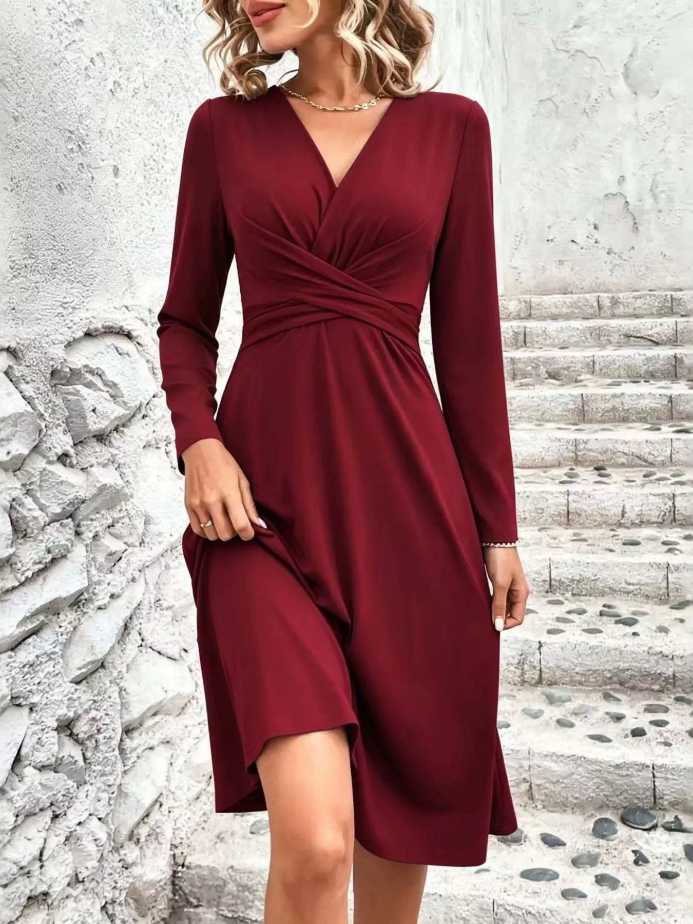 Surplice Long Sleeve Midi Dress