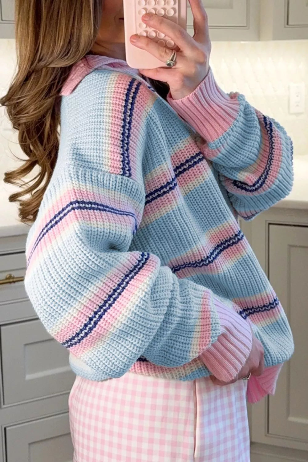 Stripe Striped Button Collar Long Sleeve Shift Fit Winter Knitwear Sweater