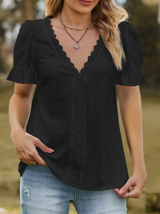 Lace Trim V-Neck Puff Sleeve Blouse