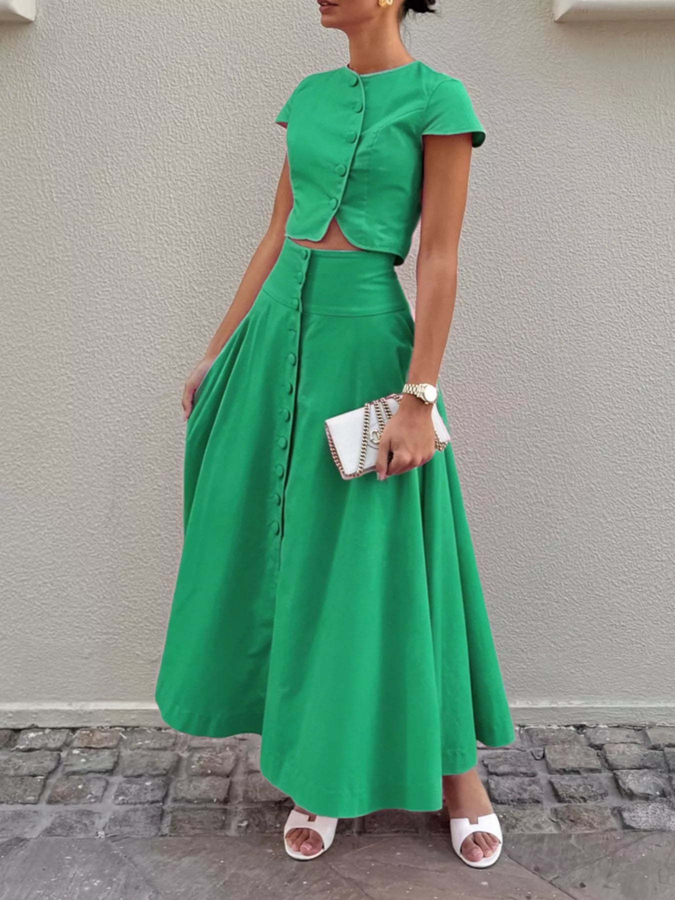 Cap Sleeve Button-Down Crop Top and Midi Skirt Set