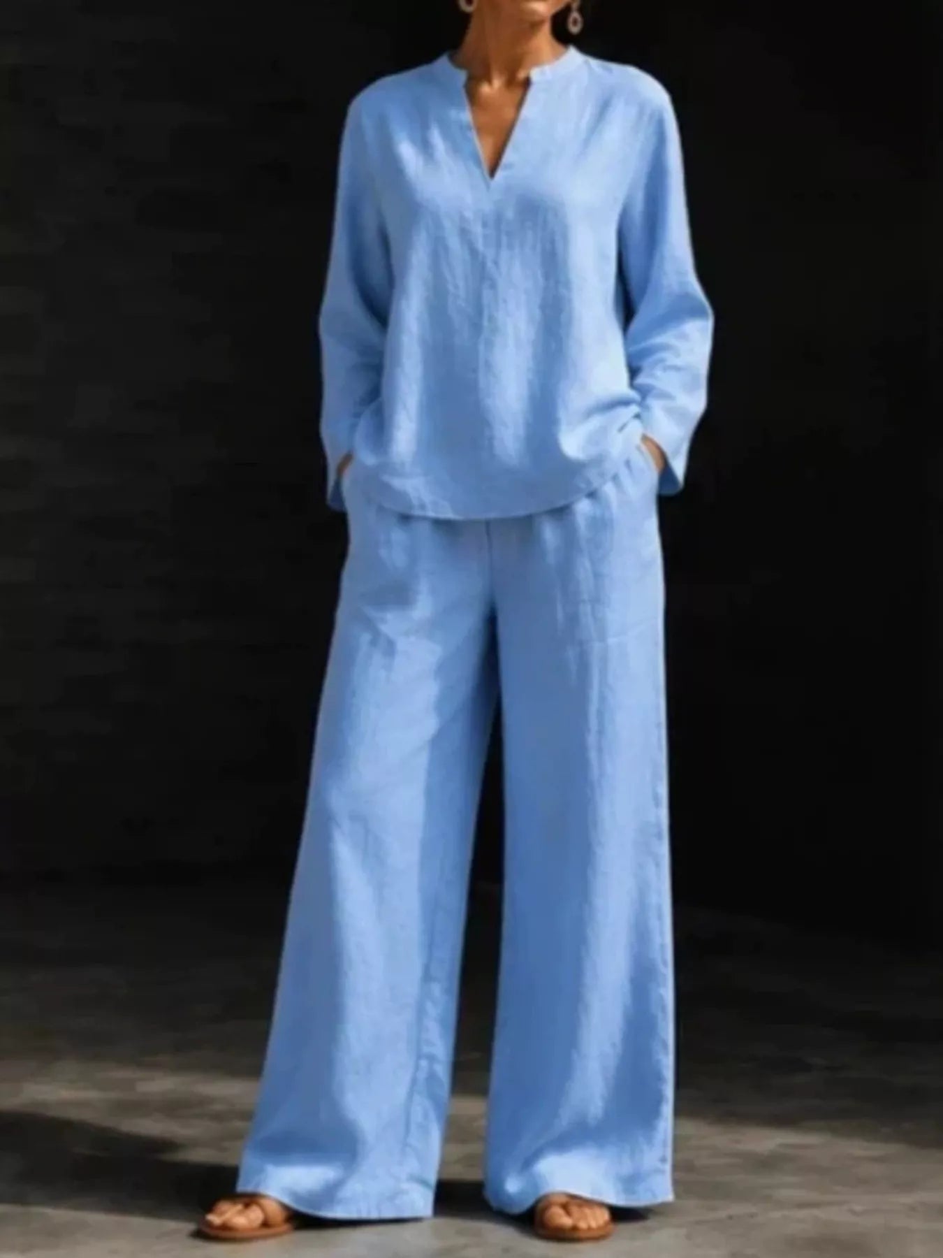 Notched Long Sleeve Top and Pants Set