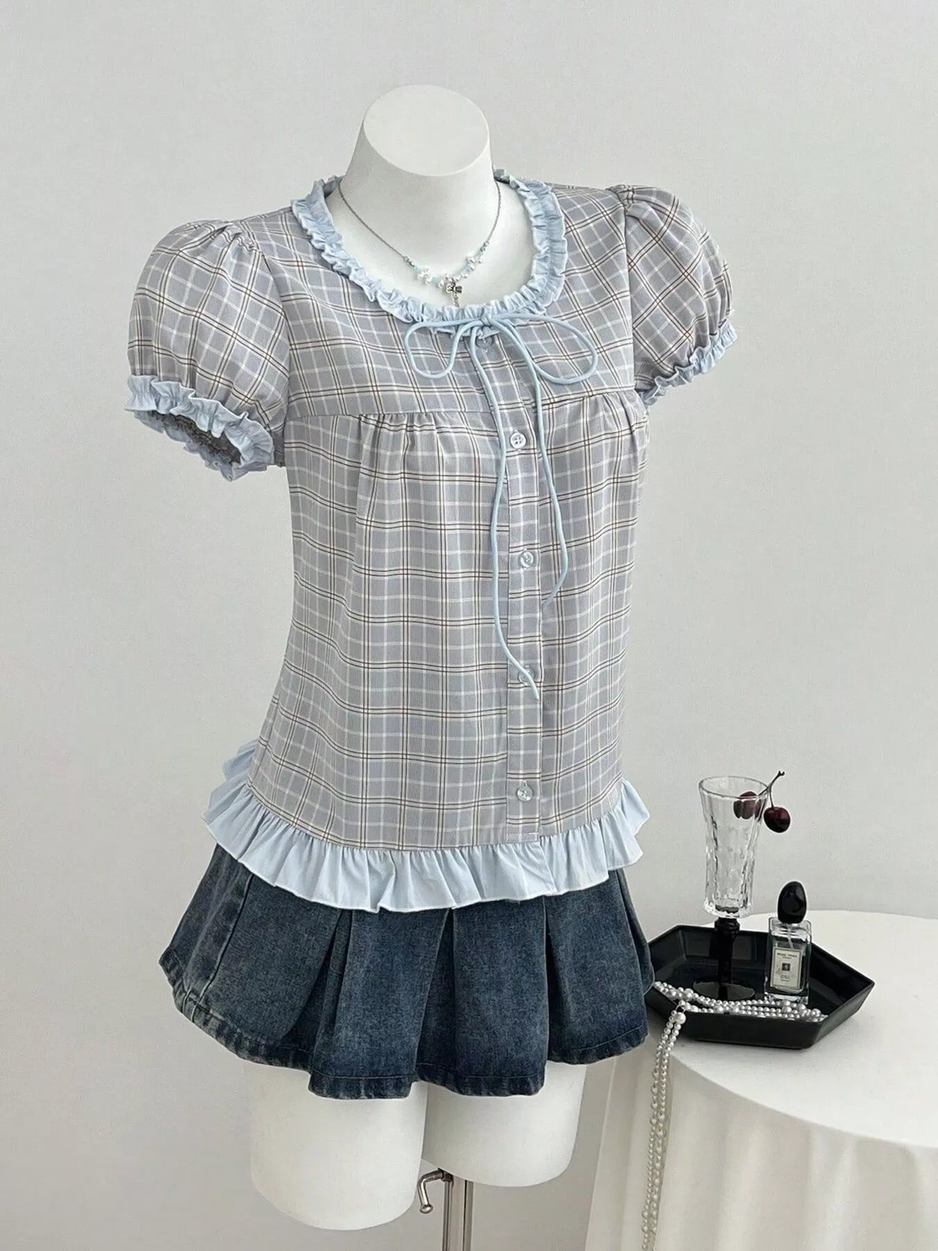 Plaid Ruffle Trim Puff Sleeve Blouse