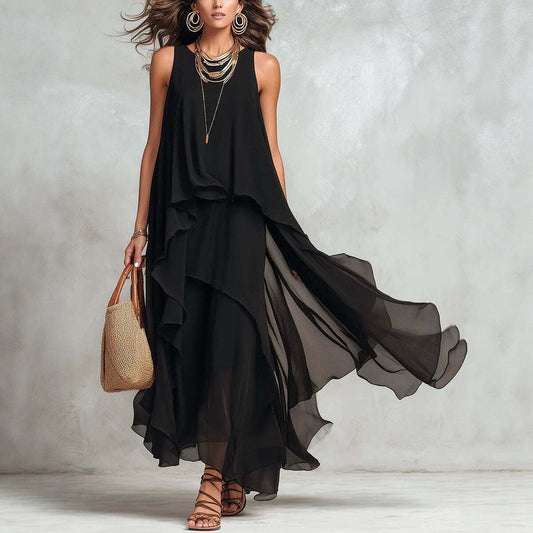 Asymmetrical Ruffle Mesh Chiffon Sleeveless Maxi Dress – Black, XS–XXL