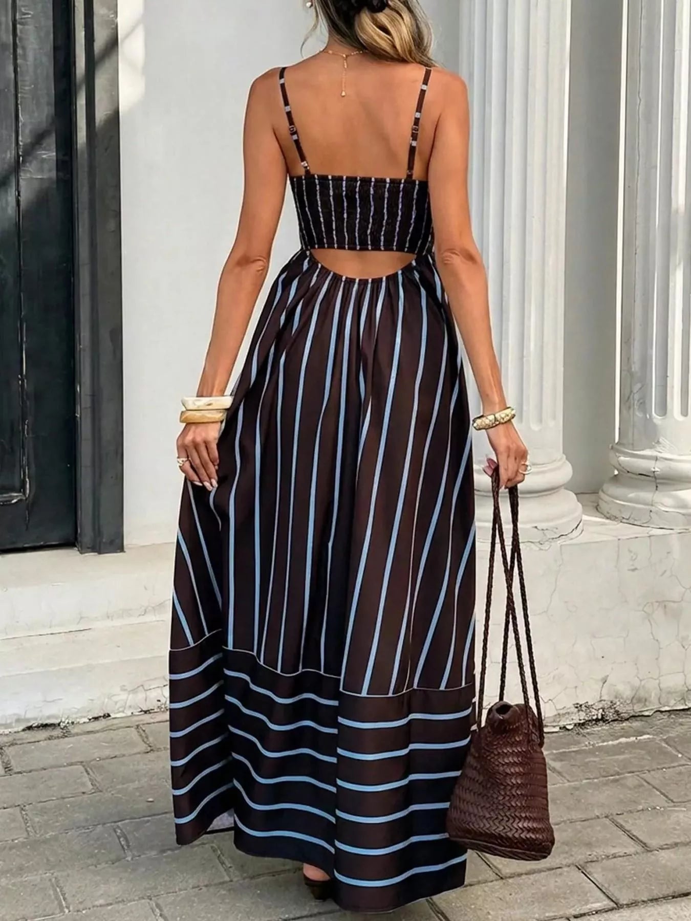 Cutout Back Striped Maxi Dress