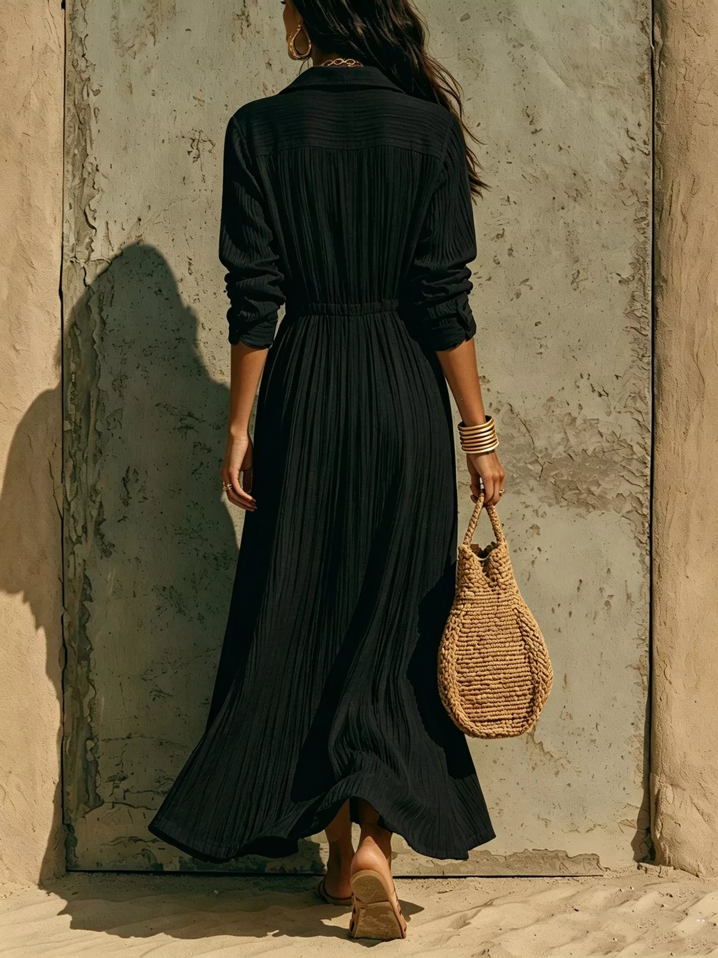 Full Size Textured Button Front Long Sleeve Maxi Dress Plus Size