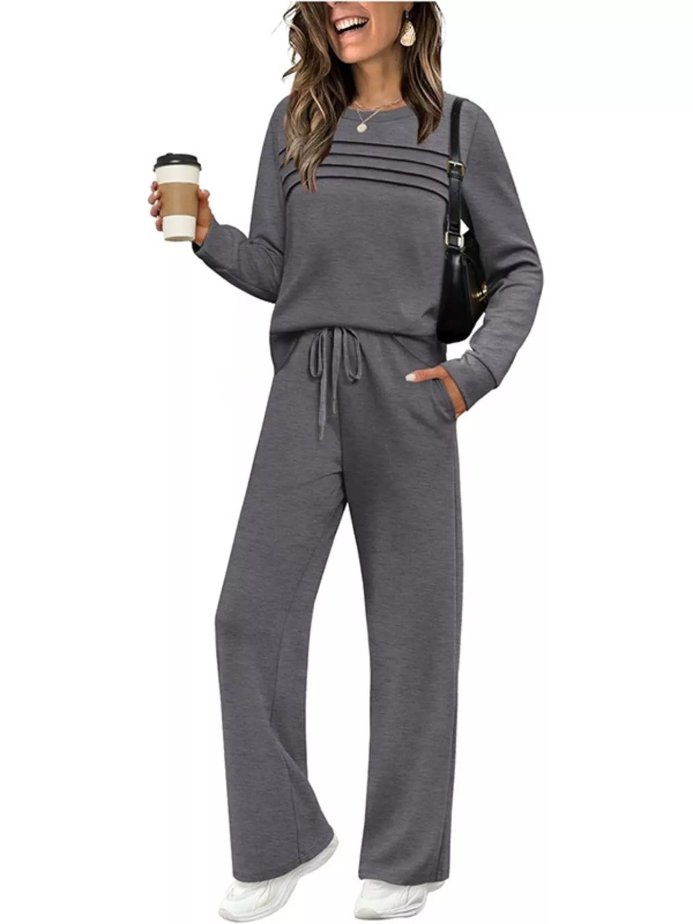 Full Size Casual Long Sleeve Crewneck Top and Drawstring Pants Set Plus Size