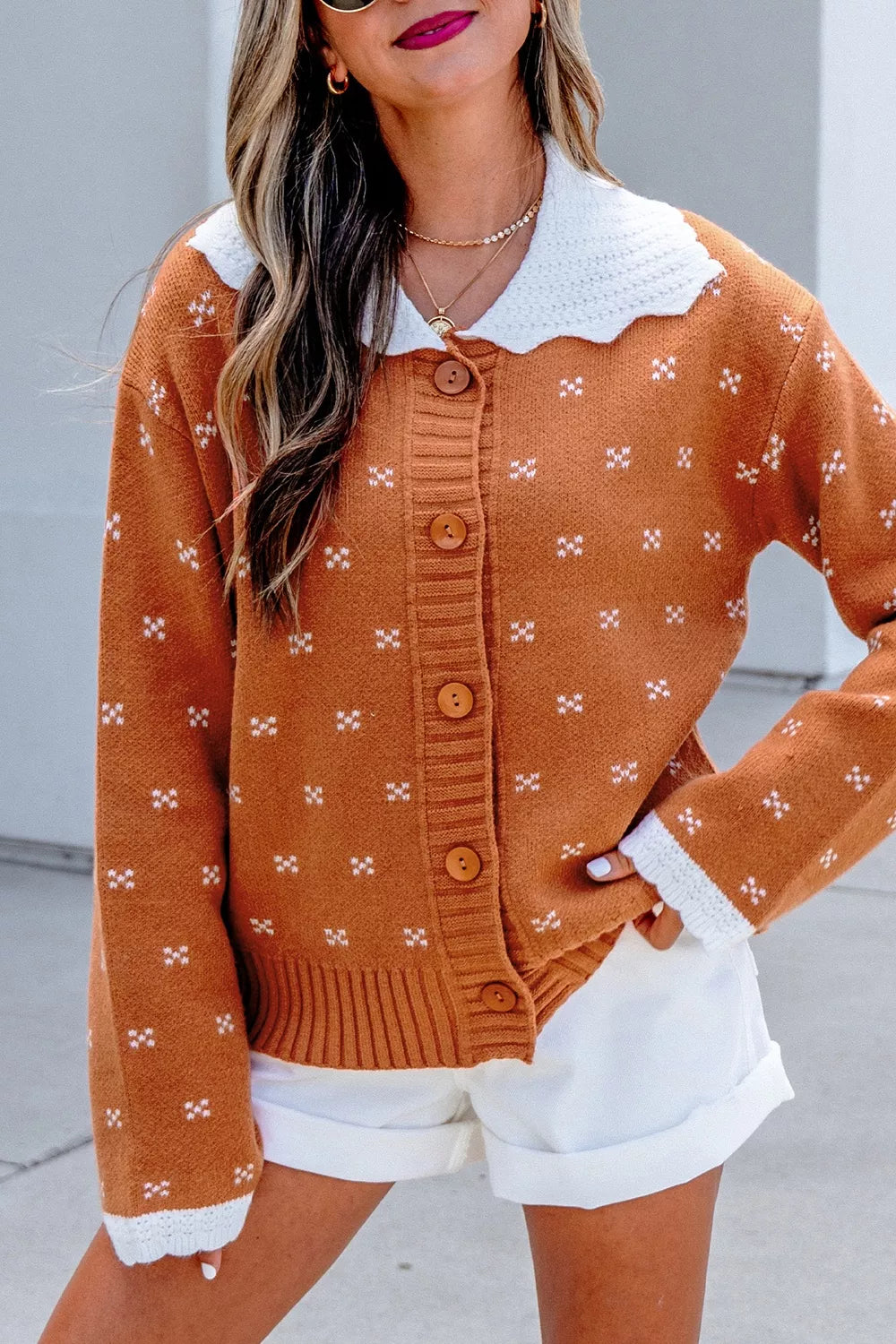 Peter Pan Collar Colorblock Long Sleeve Knitwear Cardigan