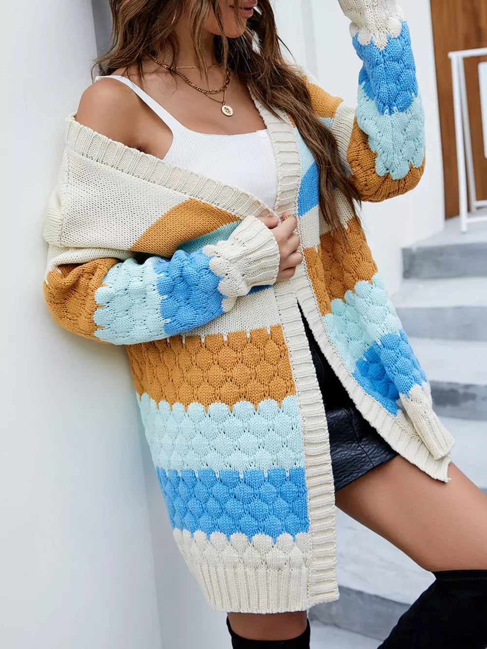 Chunky Knit Color Block Open Front Cardigan