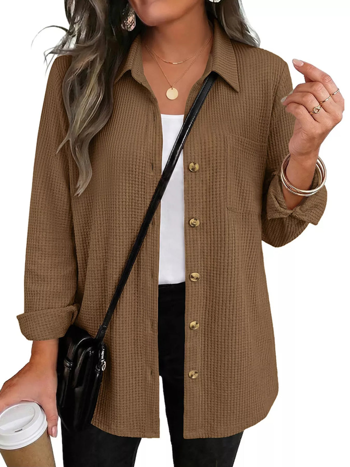 Waffle Knit Button-Down Long Sleeve Shirt
