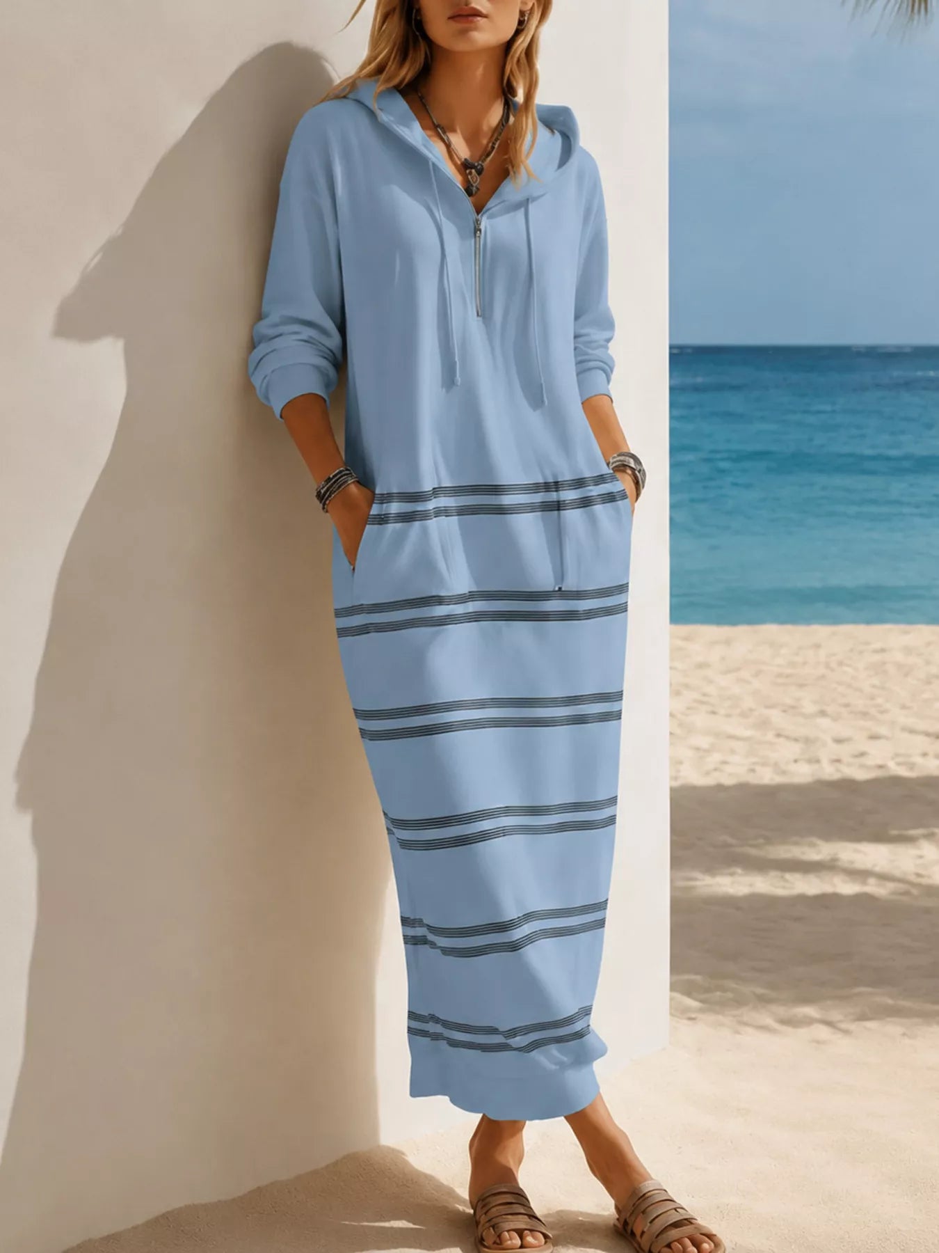 Casual Striped Drawstring Hooded Dress