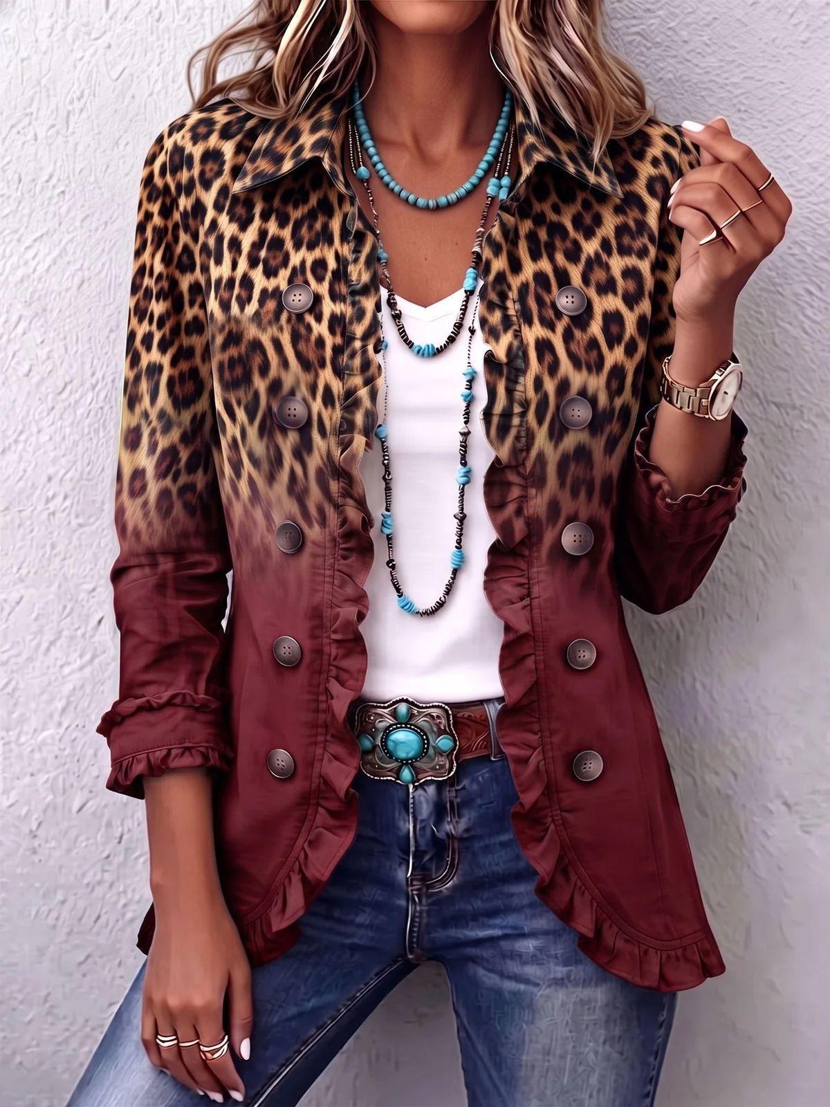 Women's Long Sleeve Cardigan – Solid & Leopard Print OL Commuter Style