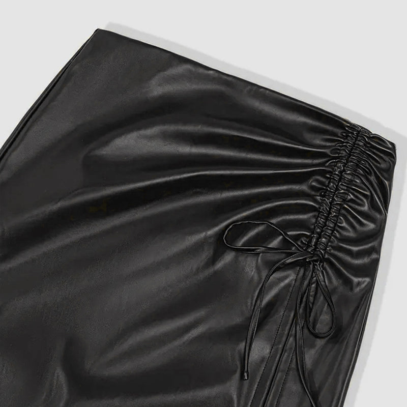 Women's Solid Color PU Leather Pencil Skirt, Drawstring Waist Bodycon Midi Skirt With Slit Hem (See size chart where applicable)