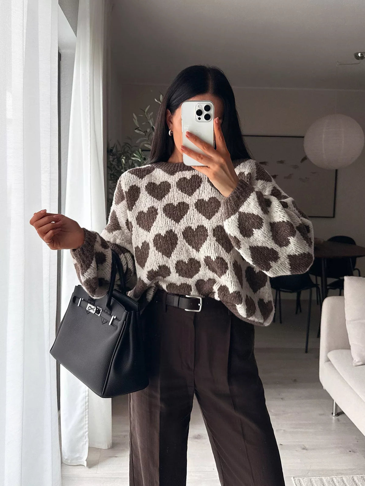 Heart Pattern Dropped Shoulder Sweater