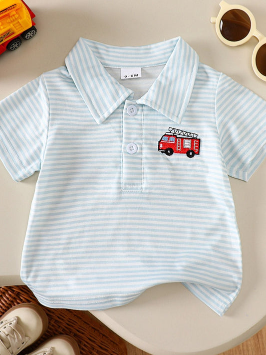 Children's Striped Firetruck Embroidered T-Shirt