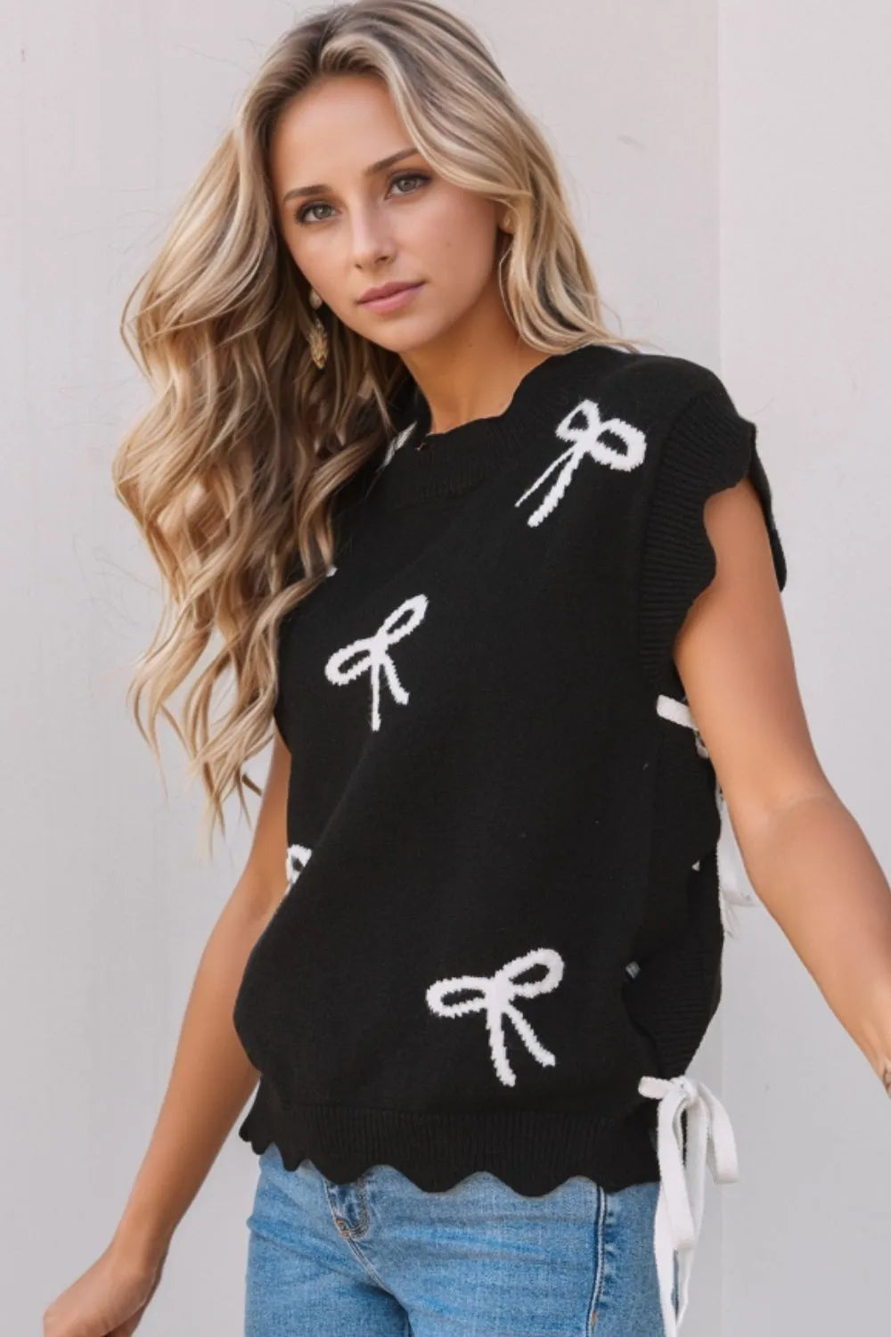 Bow Side Ties Scalloped Hem Cap Sleeve Sweater