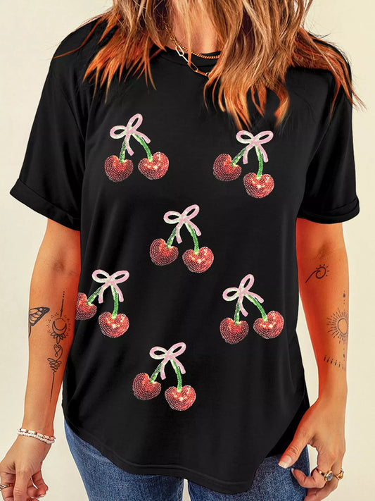 Full Size Sequin Bow Cheery Patched Valentines Tee Plus Size