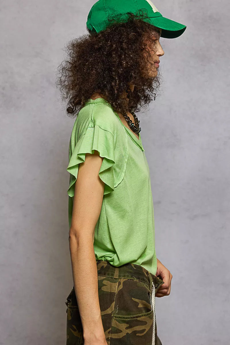 POL V-Neck Short Sleeve T-Shirt with Ruffle Sleeve