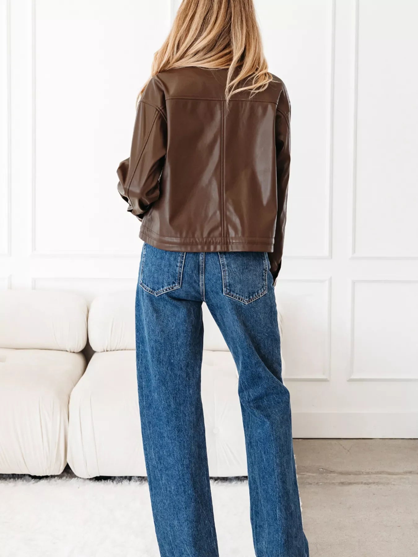 Double Flap Pocket Drawstring Hem Leather Jacket