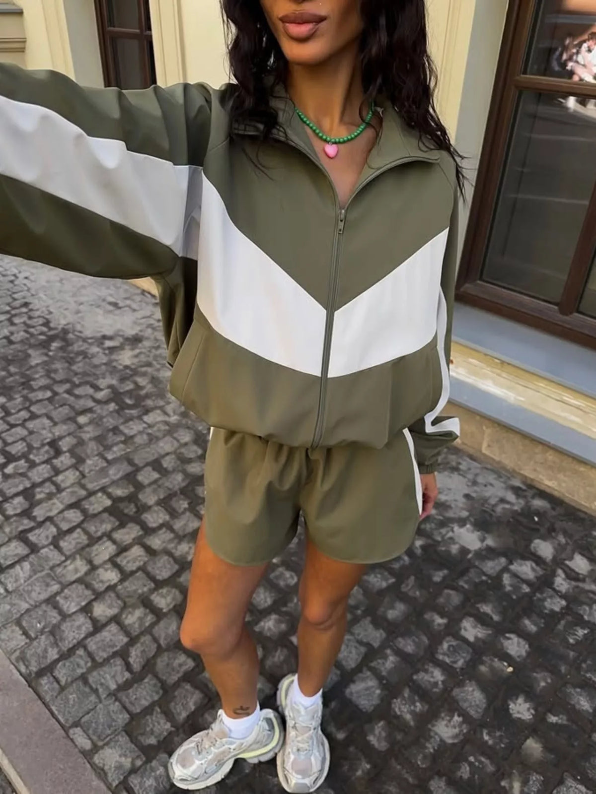 Color-Block Zip-Up Jacket and Shorts Set