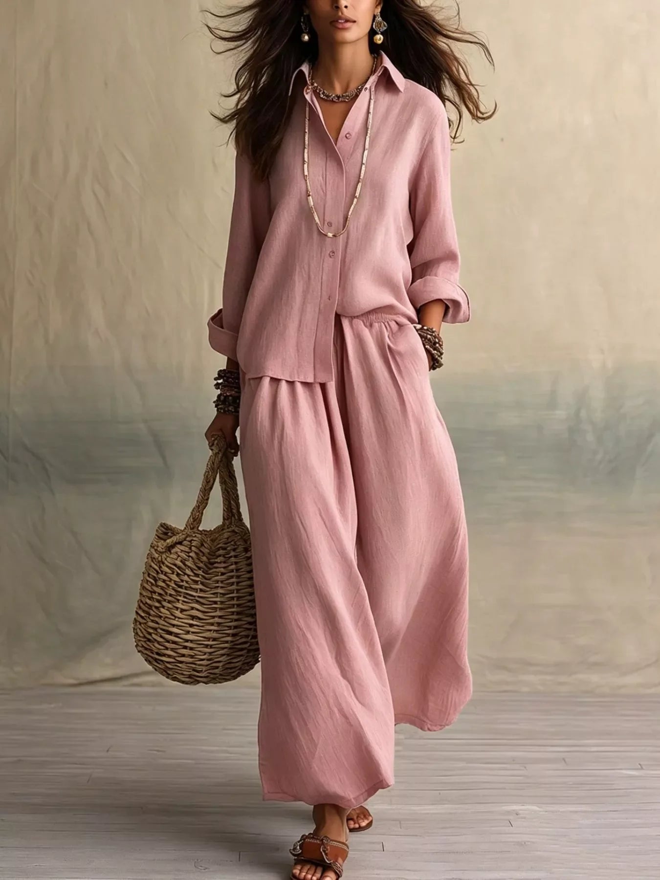 Full Size Button Up Shirt and Wide-Leg Pants Set Plus Size