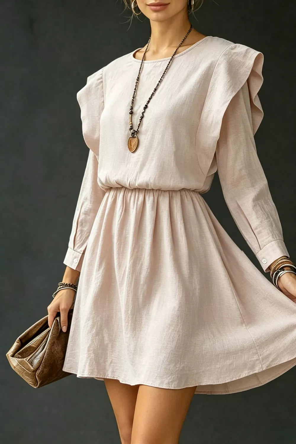 Ruffled Round Neck Long Sleeve Dress