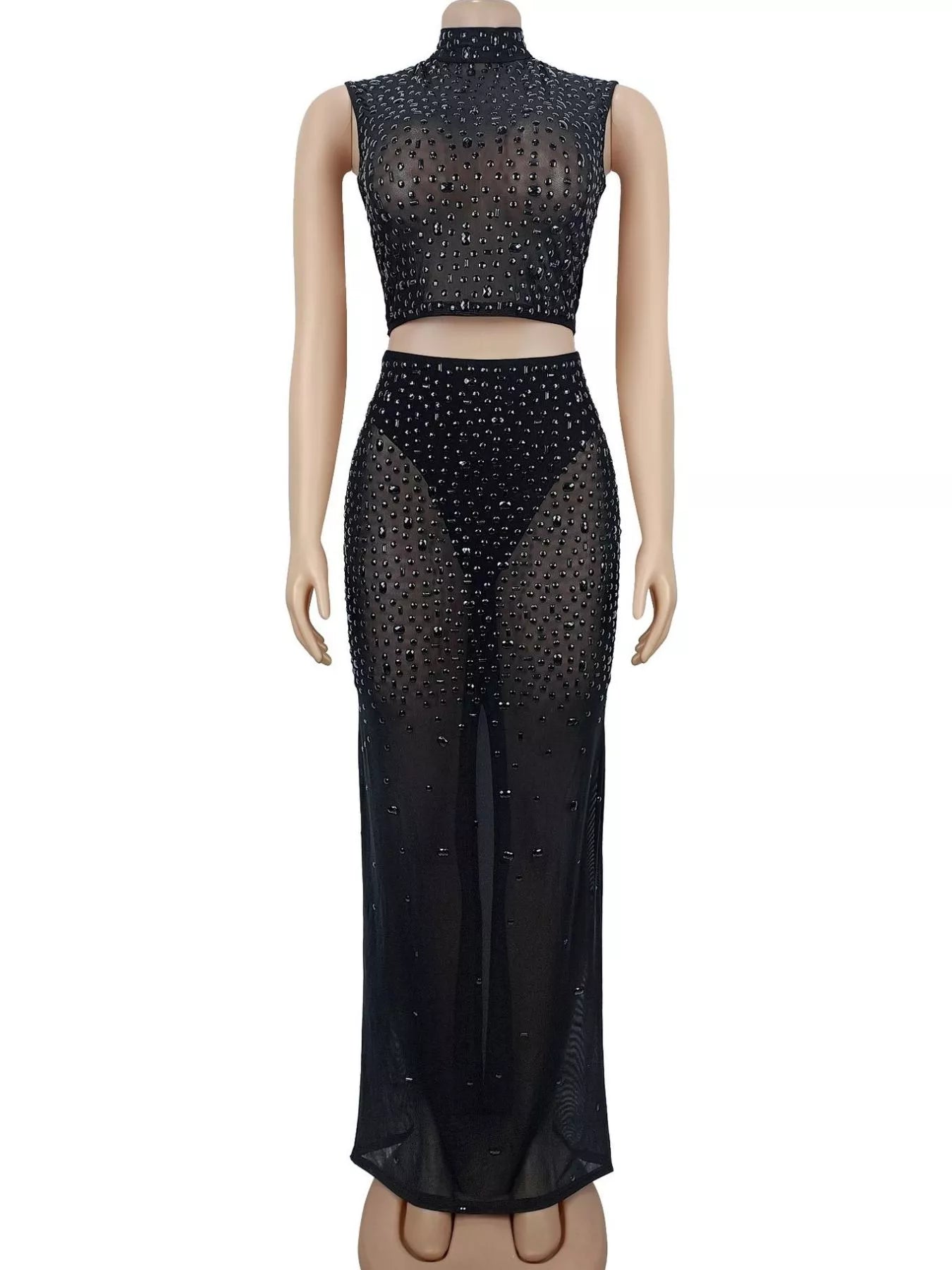 Rhinestone Sleeveless Top and Skirt Set