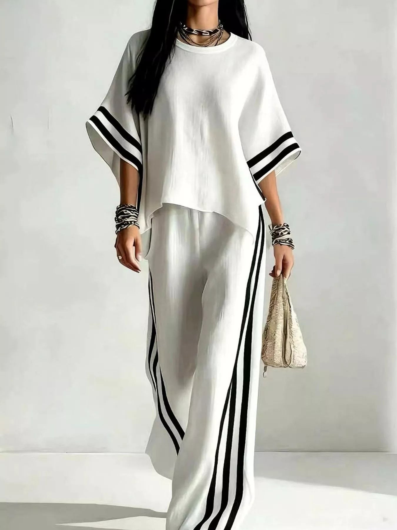 Full Size Striped 3/4 Sleeve Top and Pants Set Plus Size