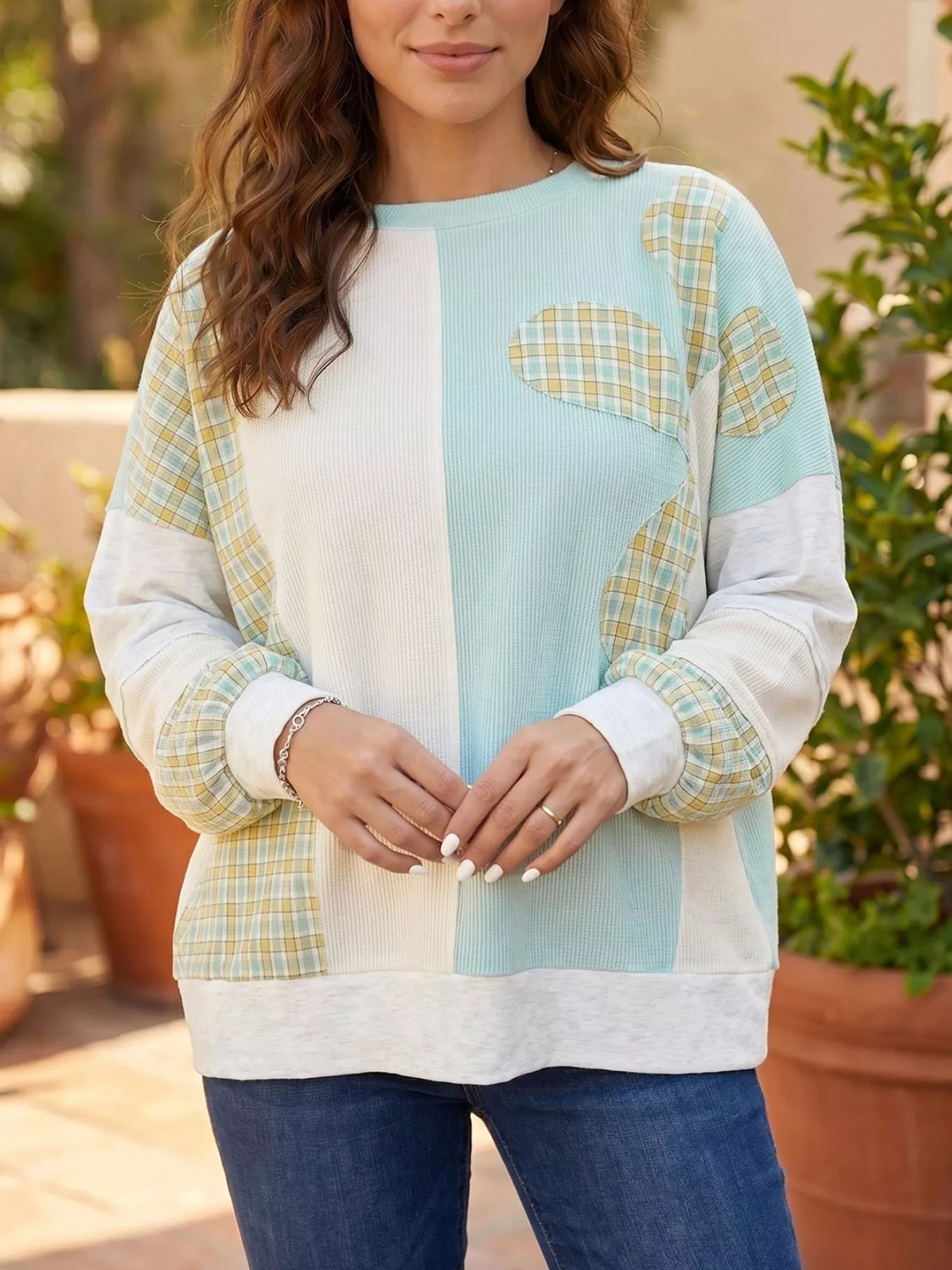 Plaid Patchwork Round Neck Long Sleeve Top
