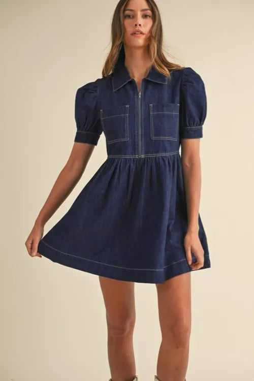 Collared Neck Half Zip Denim Dress