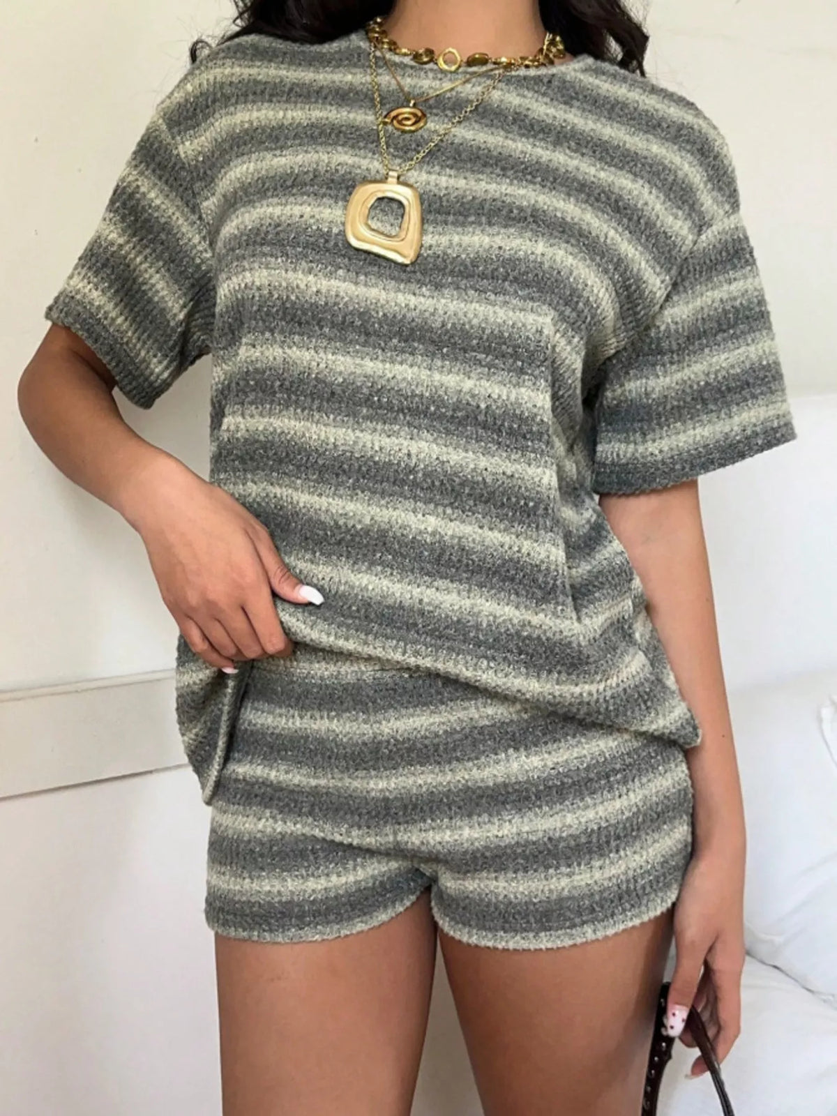 Striped Textured Knit Top and Shorts Set