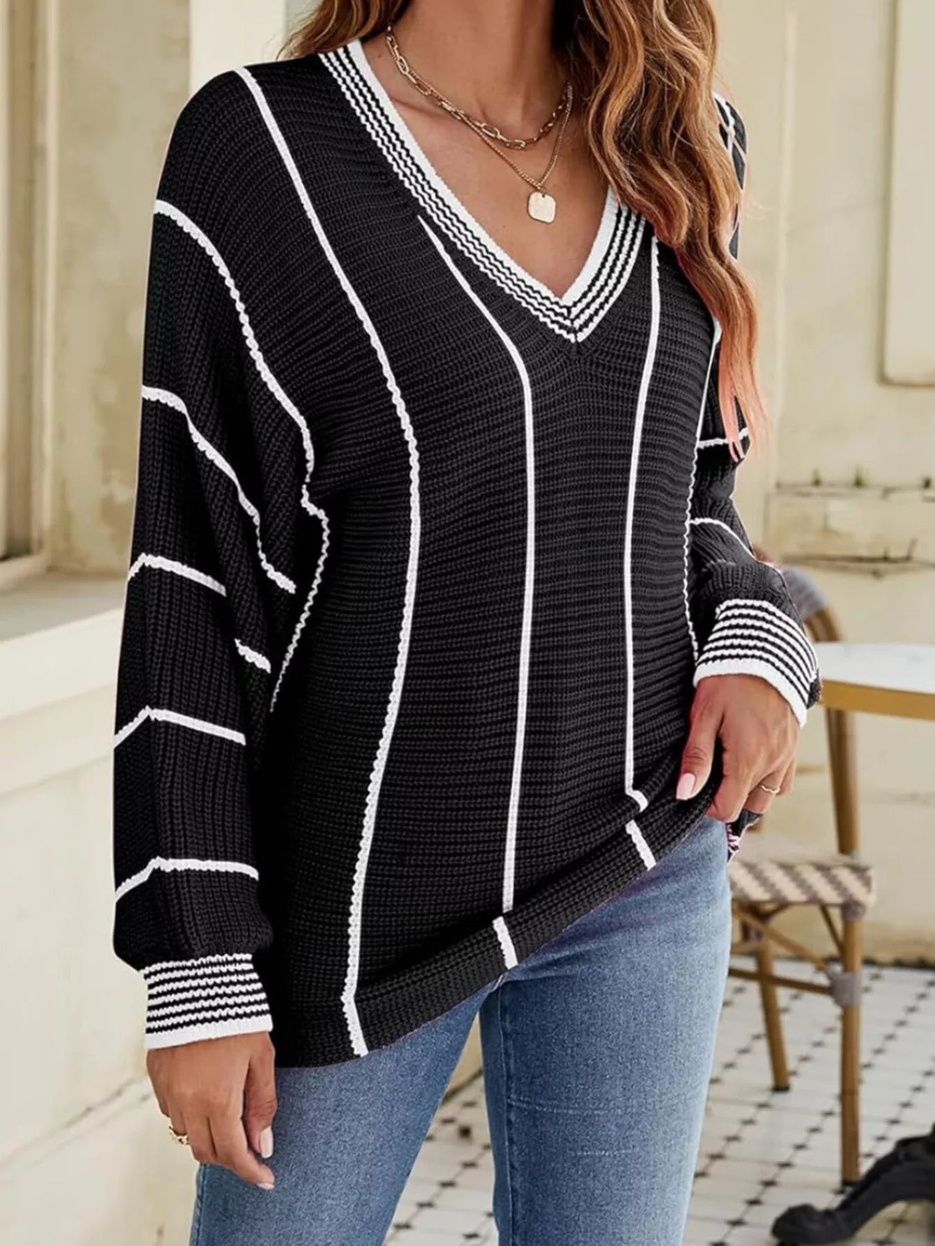 V-Neck Striped Contrast Sweater