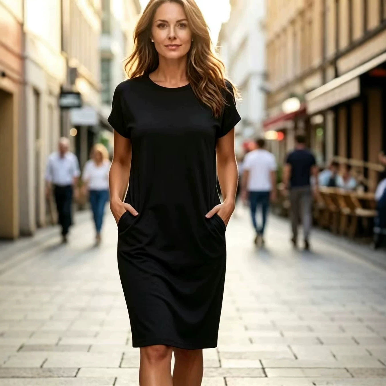 Solid-Colour Crew Neck Midi Dress with Pockets