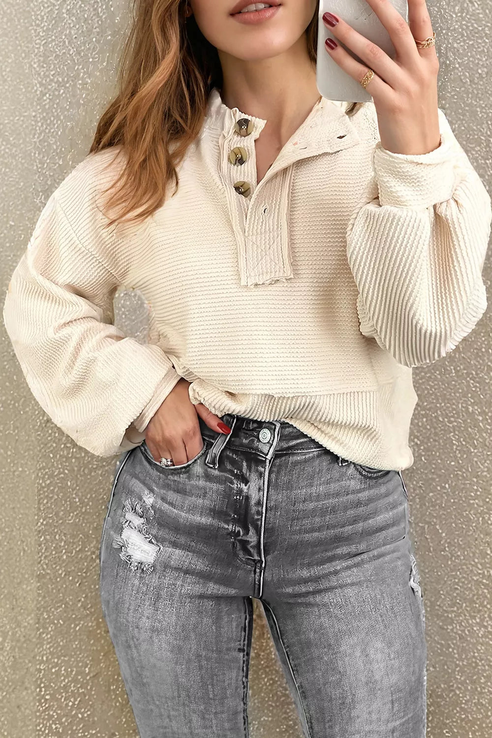 Corded Texture Lantern Sleeve Buttons Henley Sweatsuit