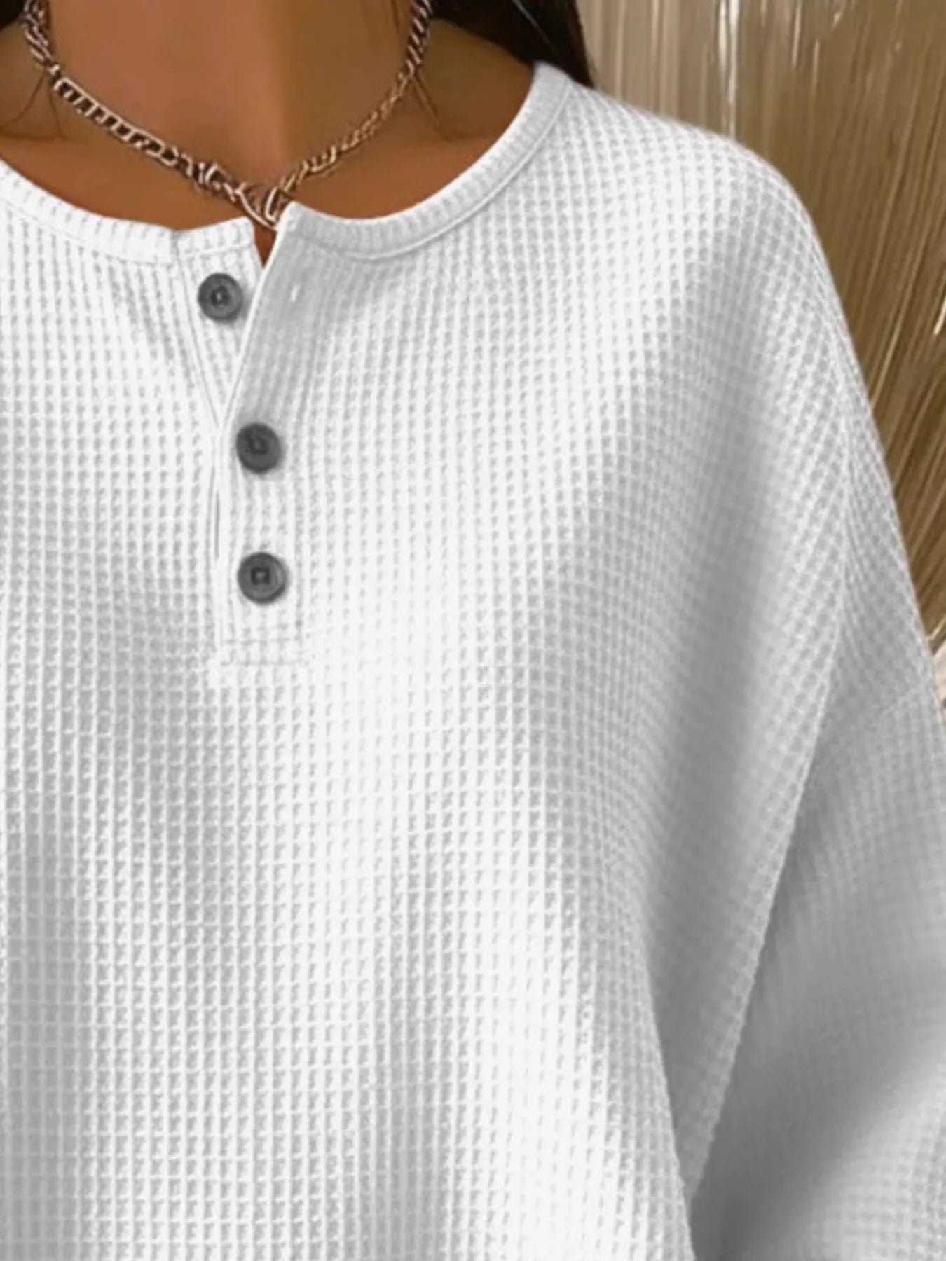 Full Size Waffle Knit Button Detail Top Plus Size