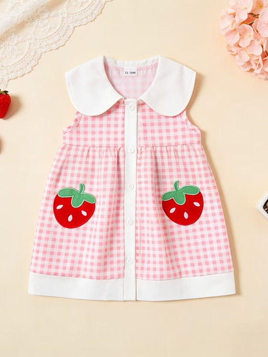 Children's Fruit Embroidered Sleeveless Plaid Dress