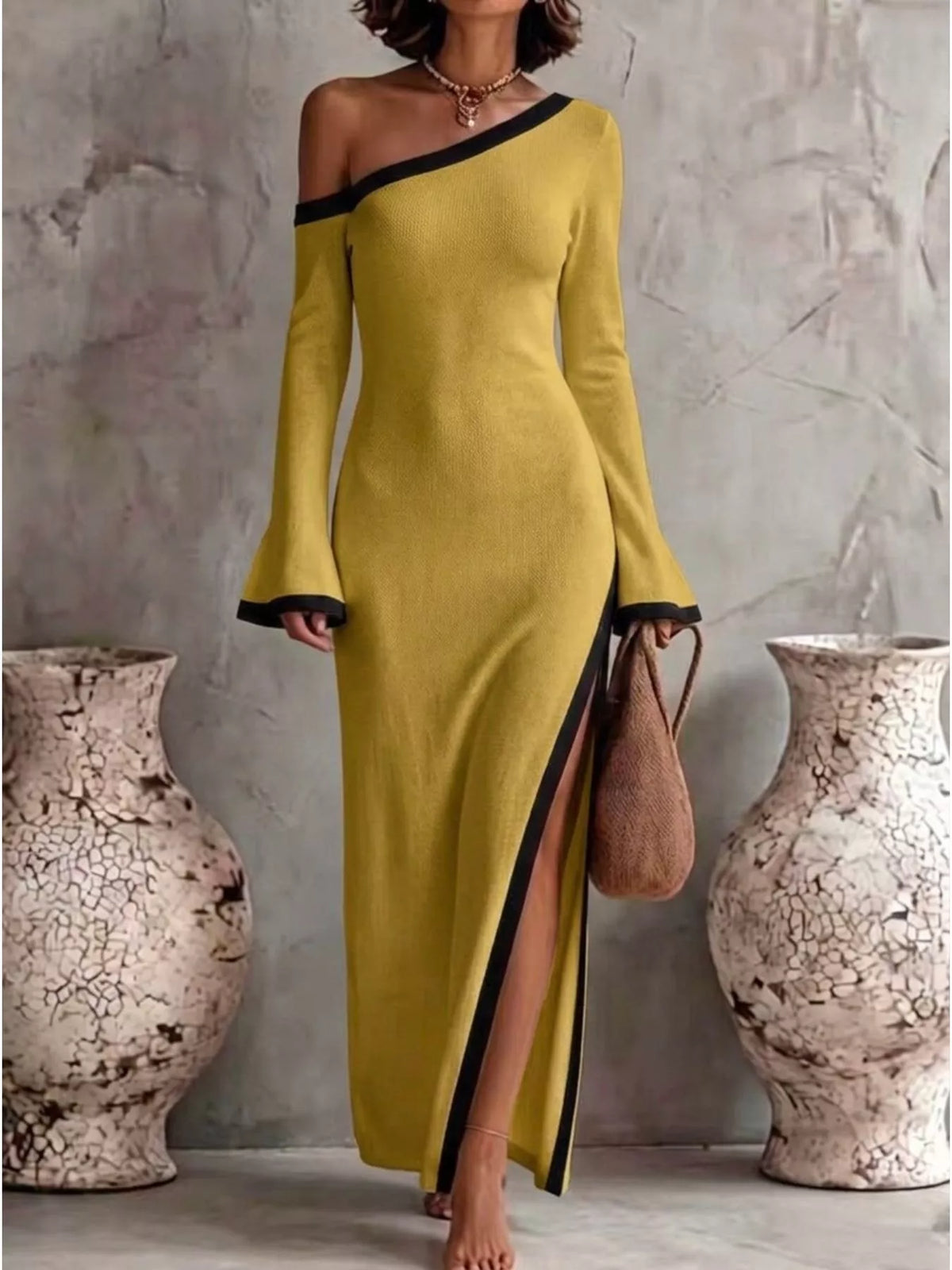 Slit One-Shoulder Contrast Trim Maxi Dress