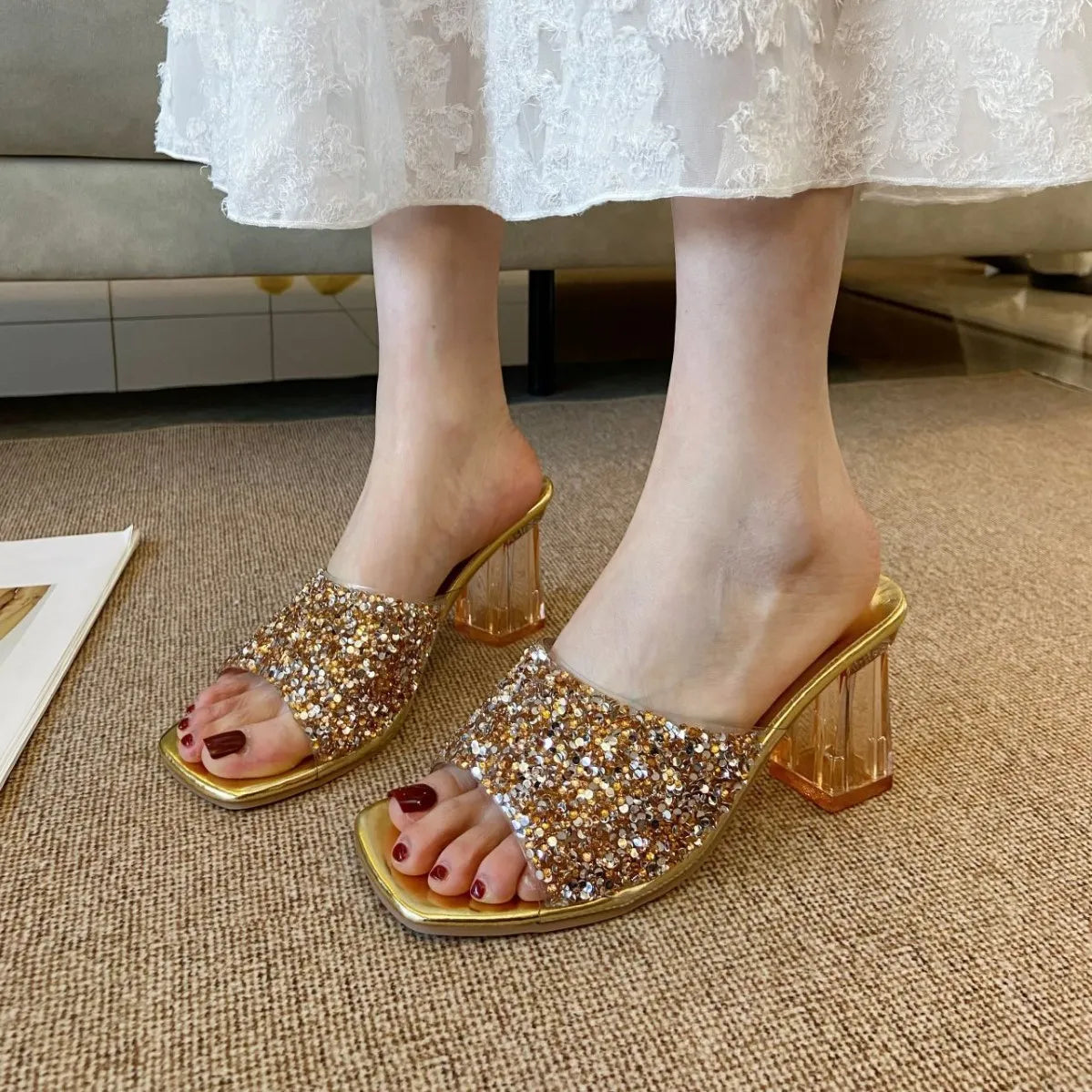 Rhinestone Open Toe Block Heel Sandals